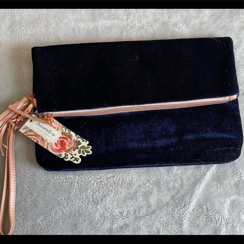 Navy & Rose Gold Velvet Clutch w/wristband